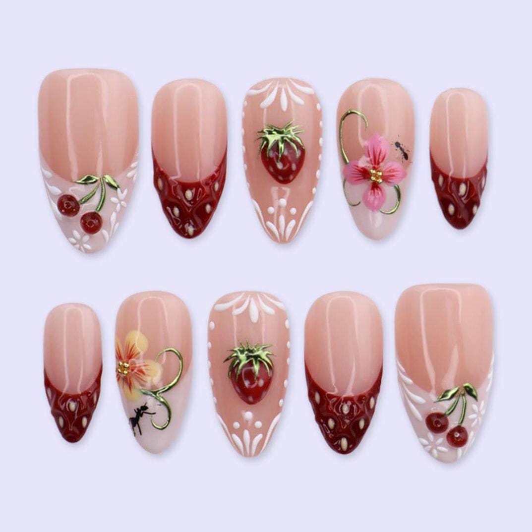 Strawberry Cherry Floral French Tip Press On Nail Set