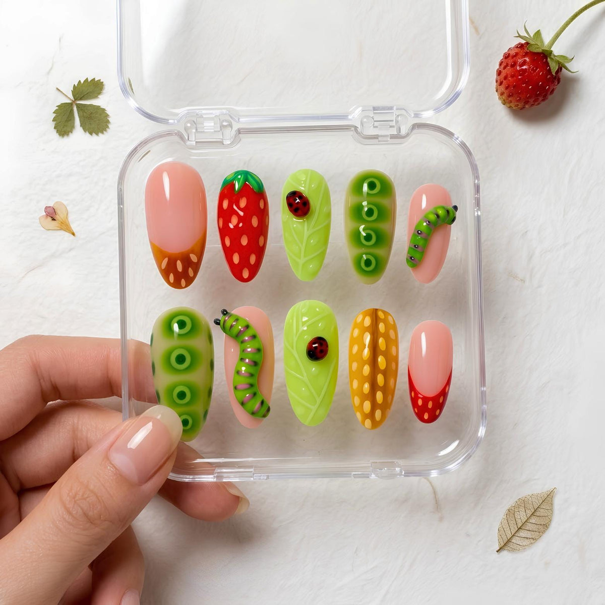 Strawberry Garden Bug Press On Nails With 3D Caterpillars and Ladybugs