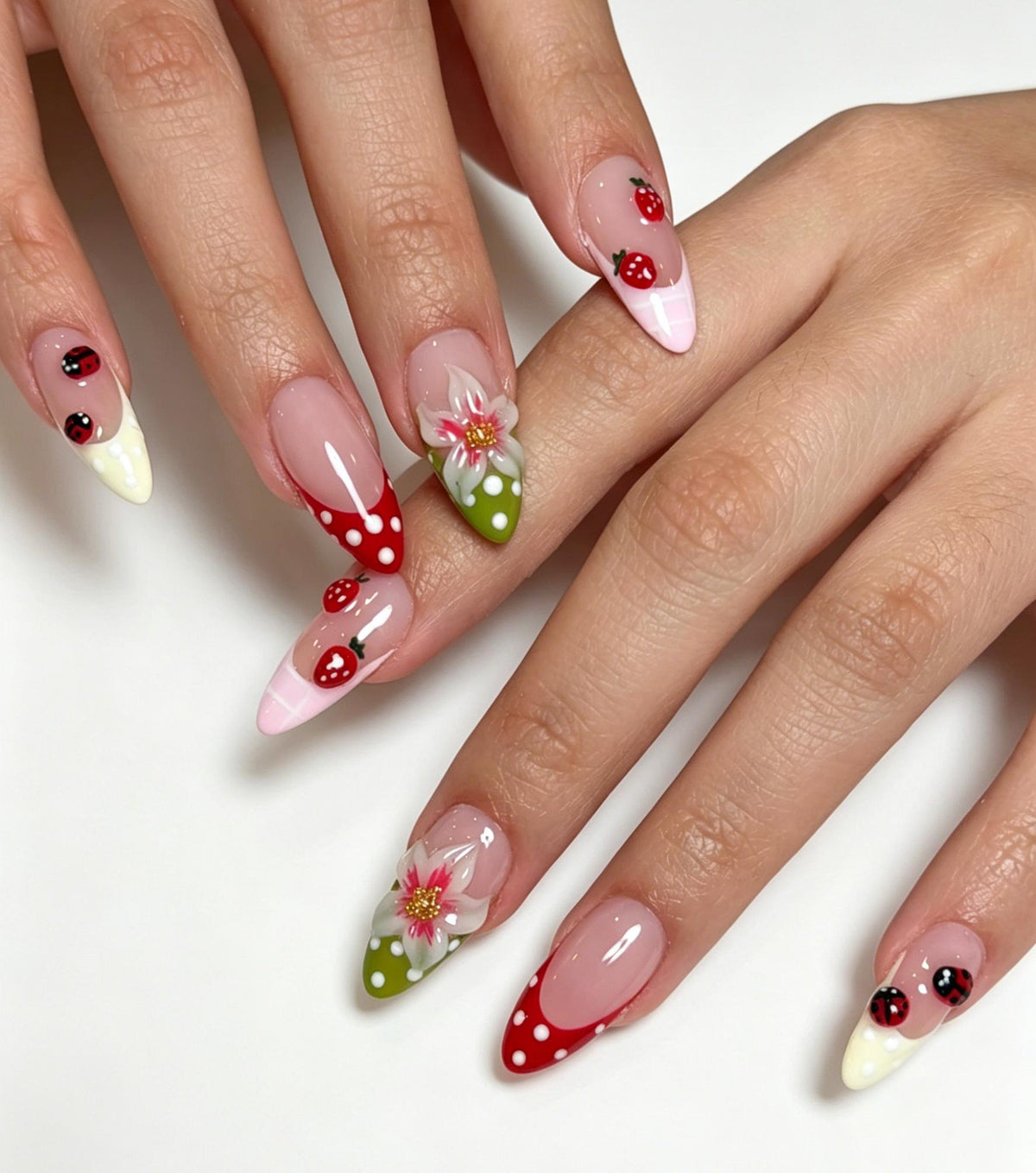 Strawberry Garden Ladybug and Floral Polka Dot French Tip Press On Nails