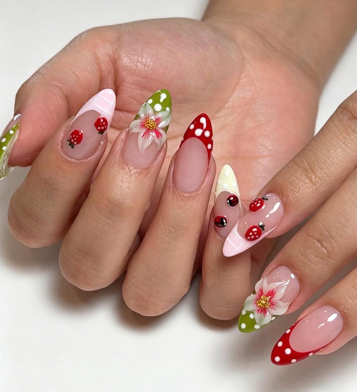 Strawberry Garden Ladybug and Floral Polka Dot French Tip Press On Nails