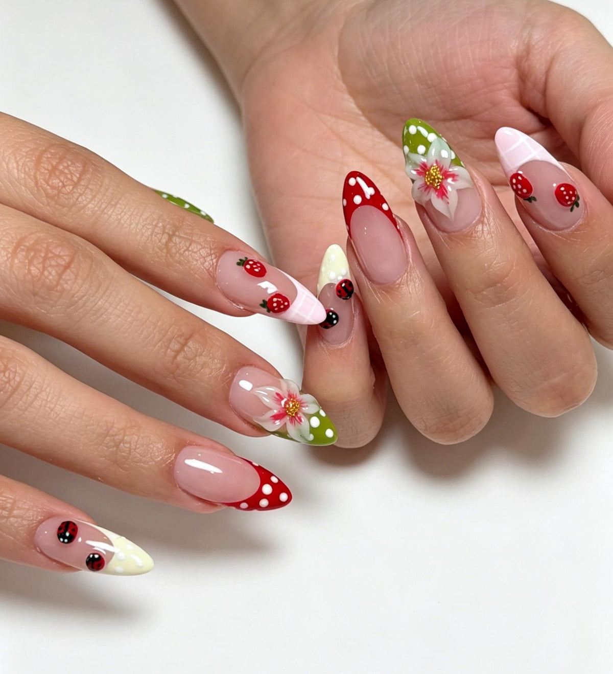Strawberry Garden Ladybug and Floral Polka Dot French Tip Press On Nails