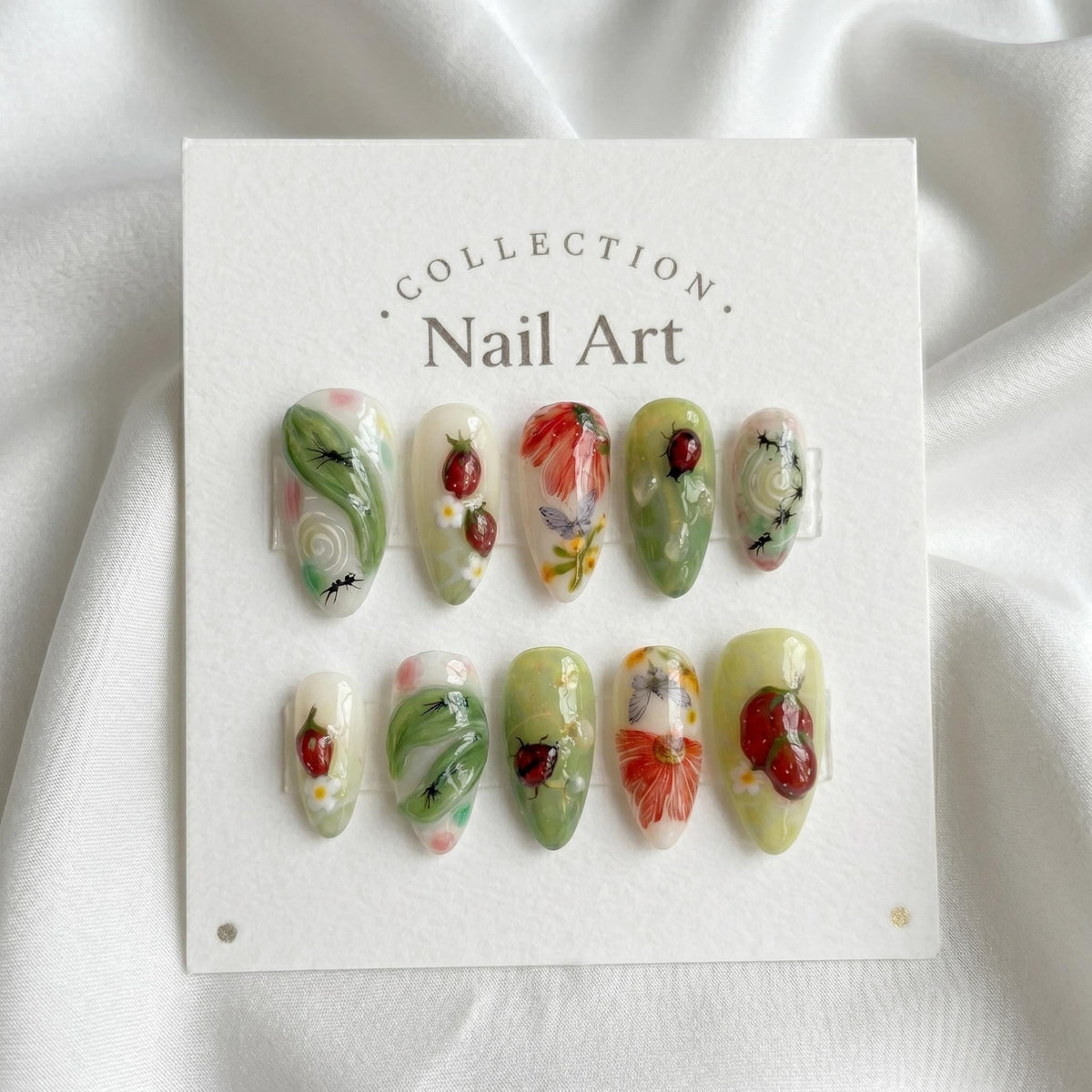 Strawberry Garden Press On Nails with Painted Flowers and Ladybugs