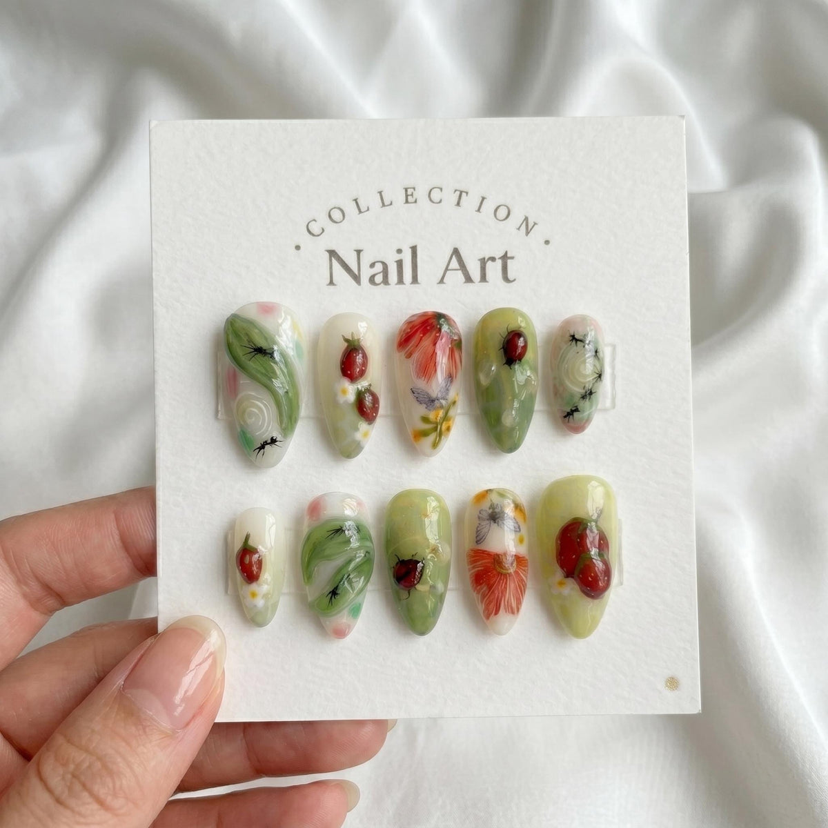 Strawberry Garden Press On Nails with Painted Flowers and Ladybugs
