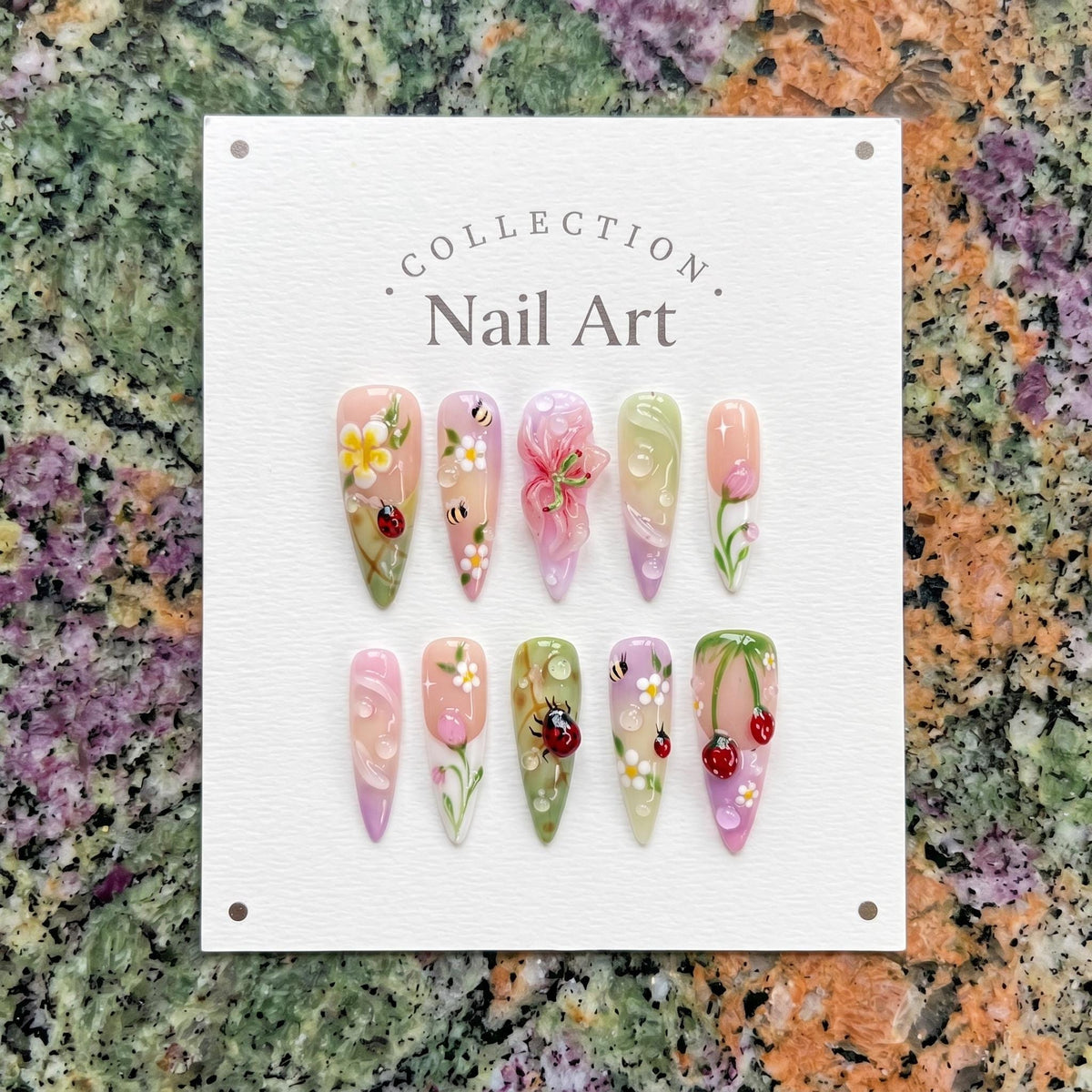 Strawberry Garden Summer Press On Nails With 3D Flowers, Bees and Ladybugs
