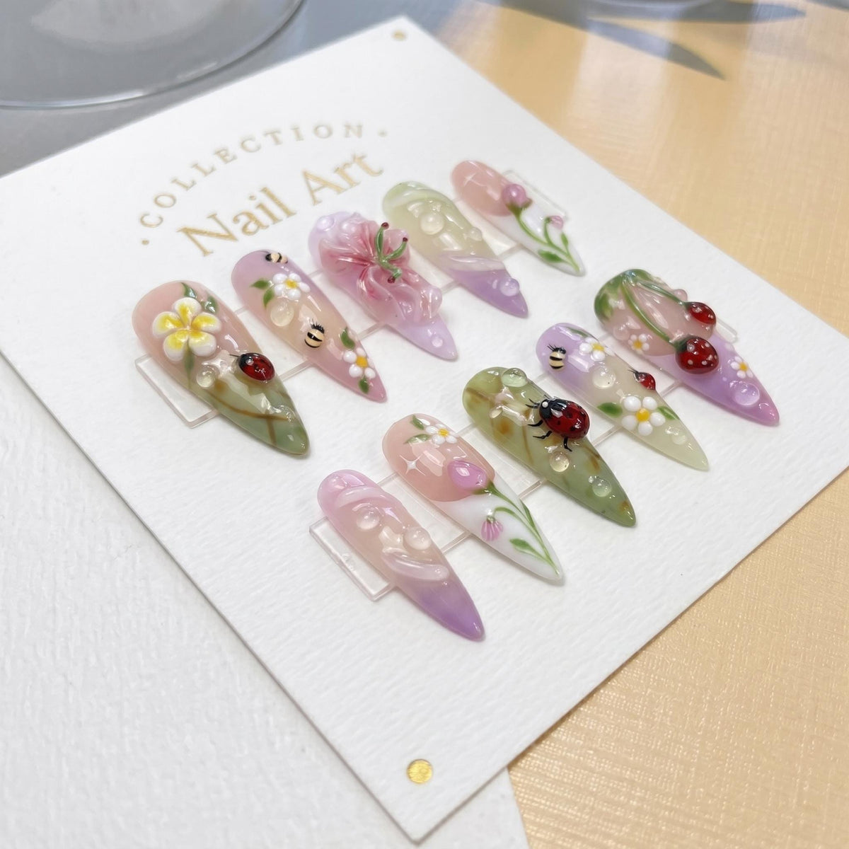 Strawberry Garden Summer Press On Nails With 3D Flowers, Bees and Ladybugs
