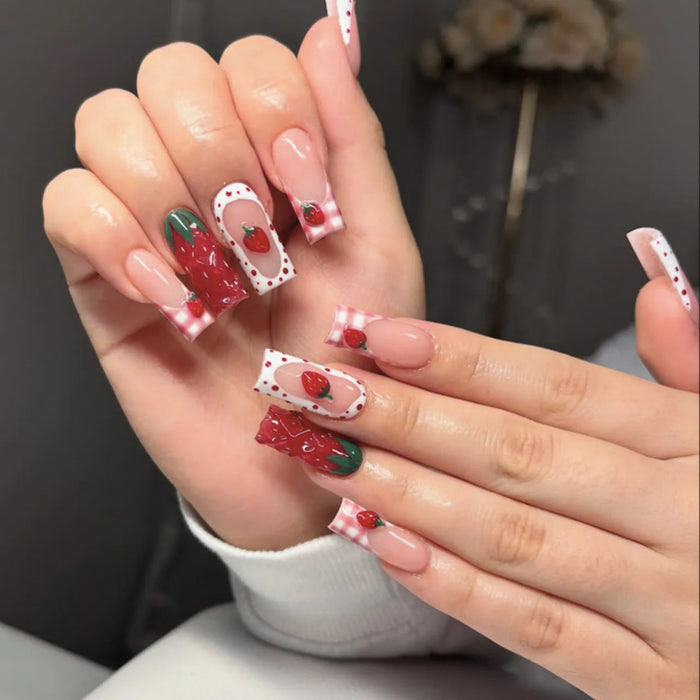 Strawberry Gingham French Tip Press On Nail Set
