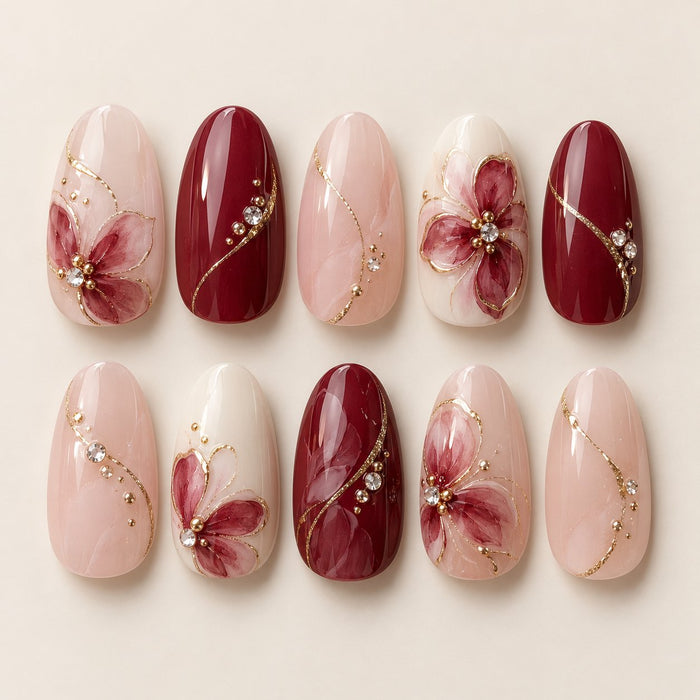 Sugarplum Floral Press On Nails with Cranberry, Blush Pink, Gold Arcs and Crystal Accents