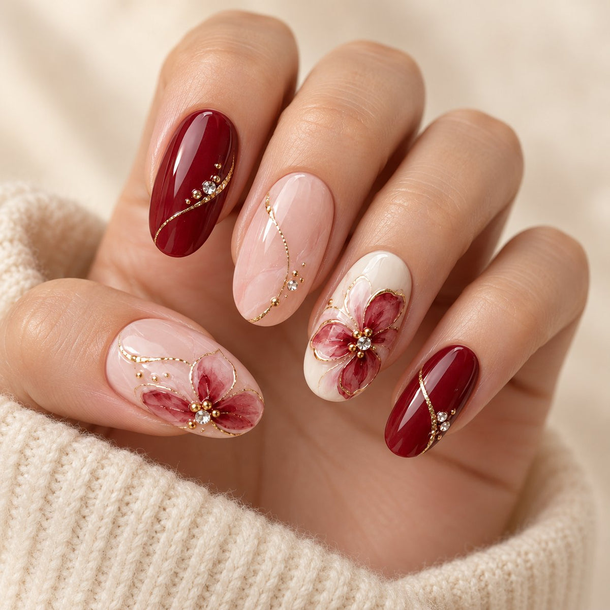 Sugarplum Floral Press On Nails with Cranberry, Blush Pink, Gold Arcs and Crystal Accents worn on hand