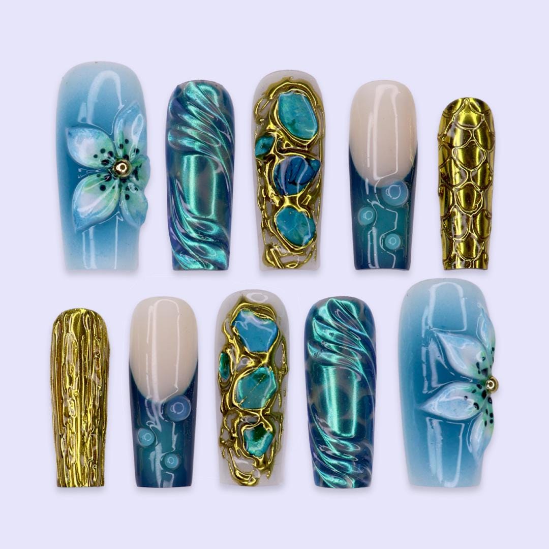 Summer Aqua Turquoise Nail Set With Gold Texture, Stone Accents and 3D Blue Flowers
