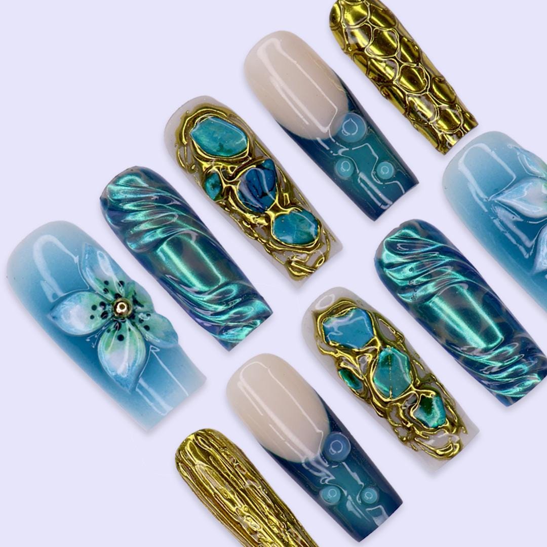 Summer Aqua Turquoise Nail Set With Gold Texture, Stone Accents and 3D Blue Flowers