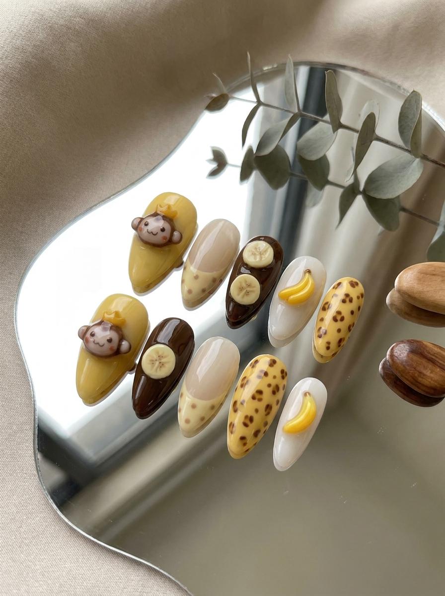 Summer Banana and 3D Monkey Nail Set with Brown Spots and Dotted Tips