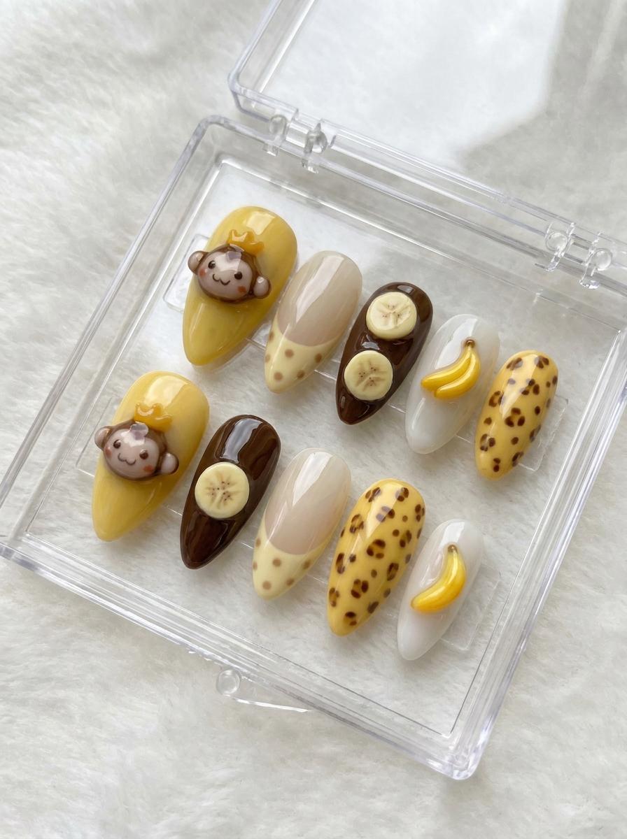Summer Banana and 3D Monkey Nail Set with Brown Spots and Dotted Tips