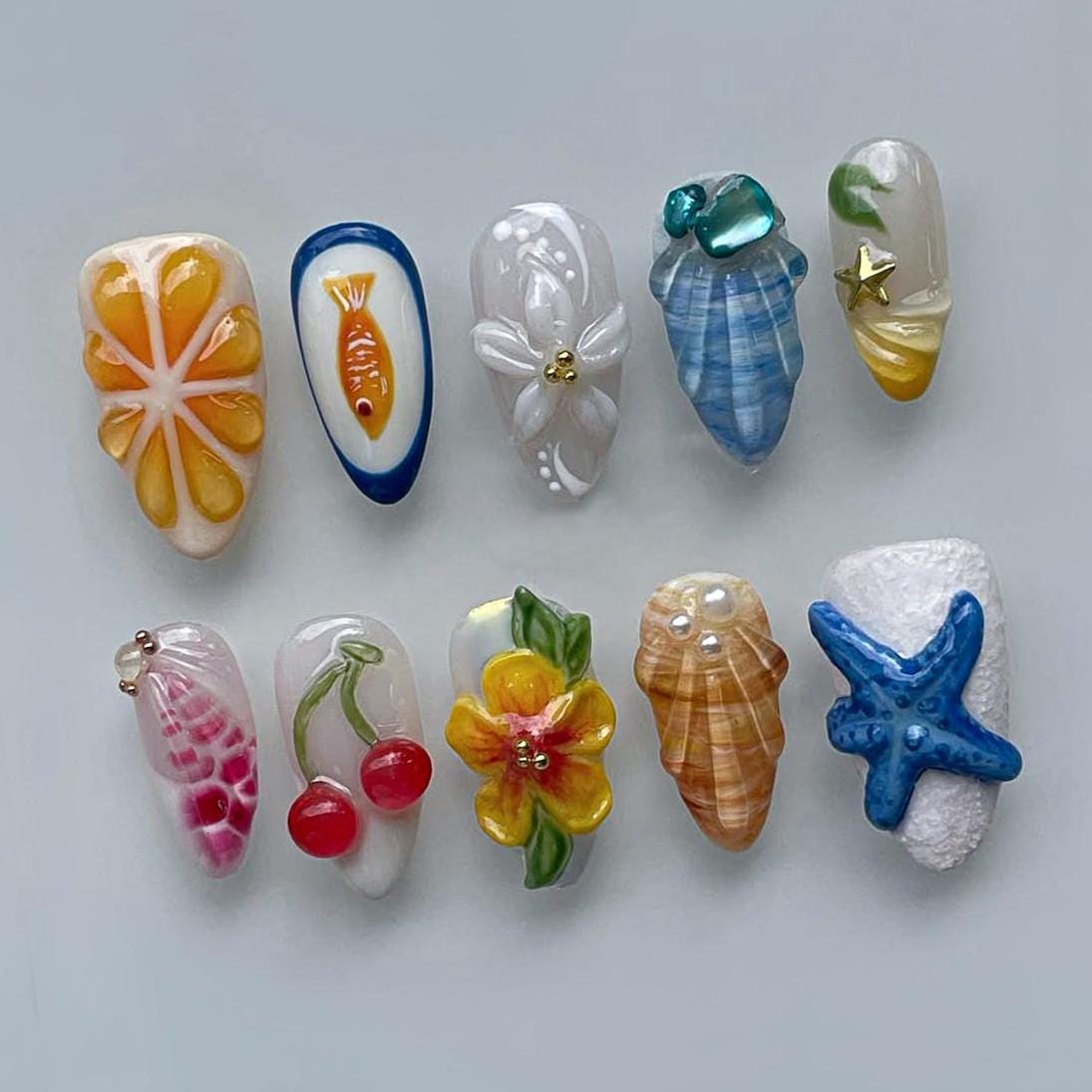 Summer Beach Citrus and Ocean 3D Nail Set