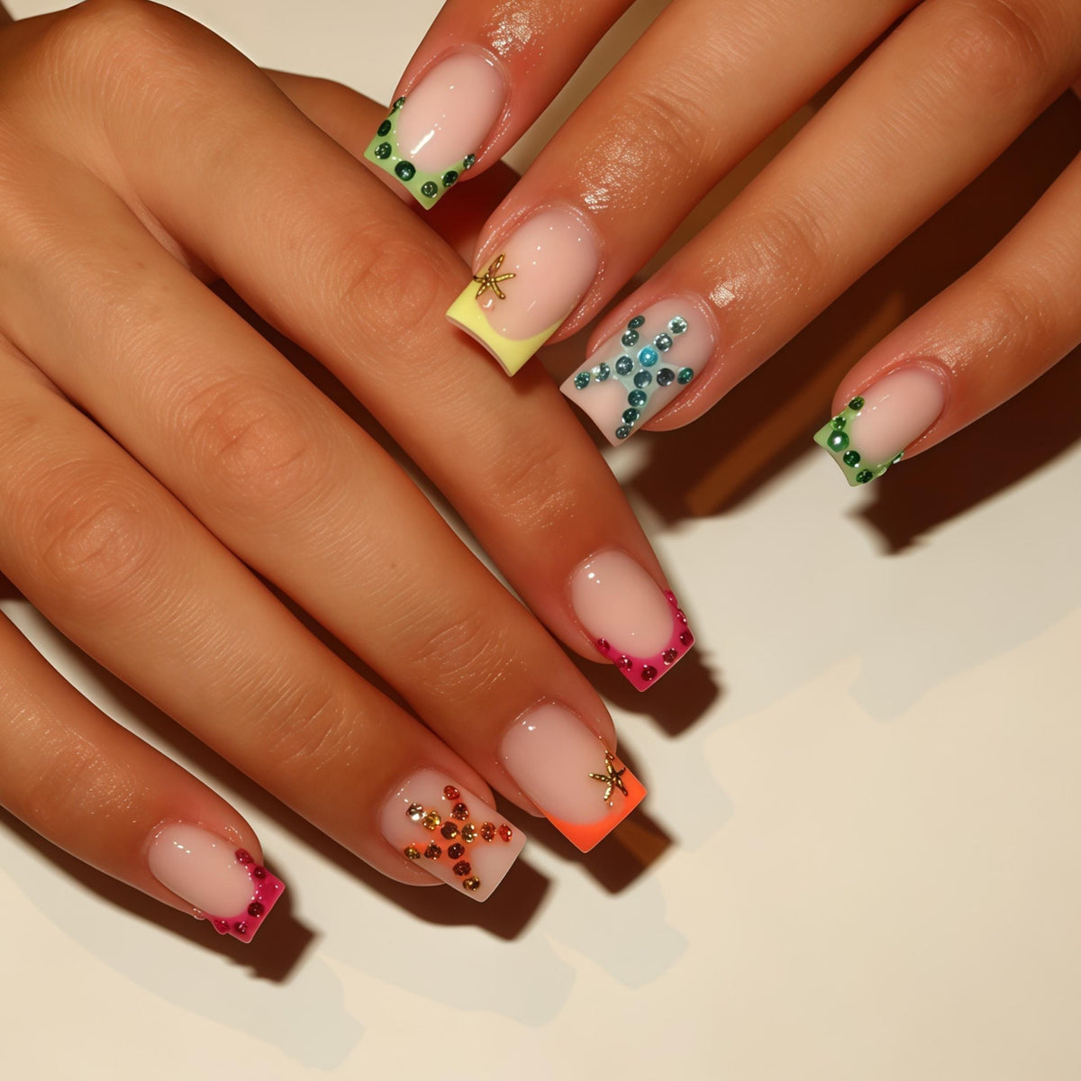Summer Beach French Tip Nails With Rhinestones and Gold Starfish Charms