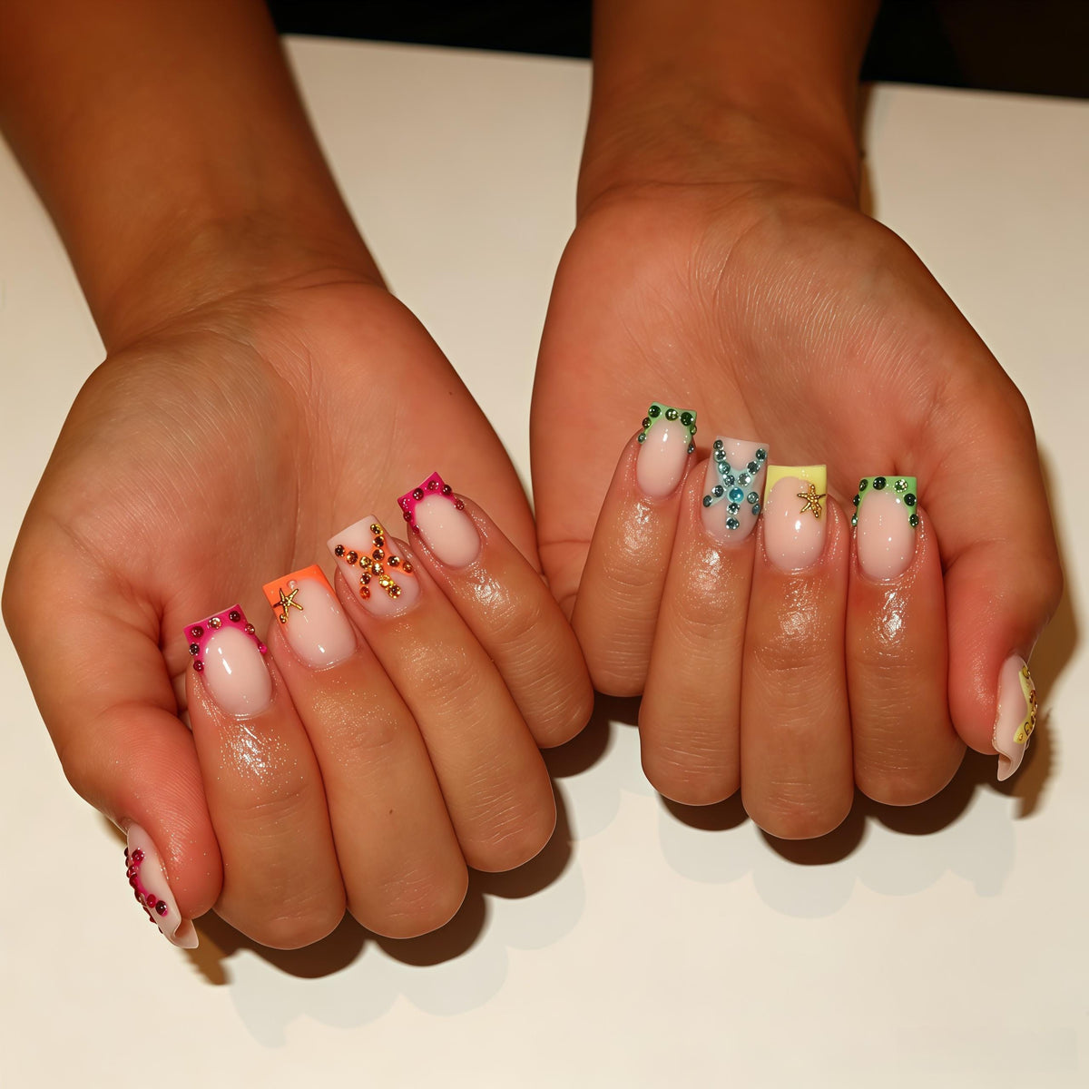 Summer Beach French Tip Nails With Rhinestones and Gold Starfish Charms