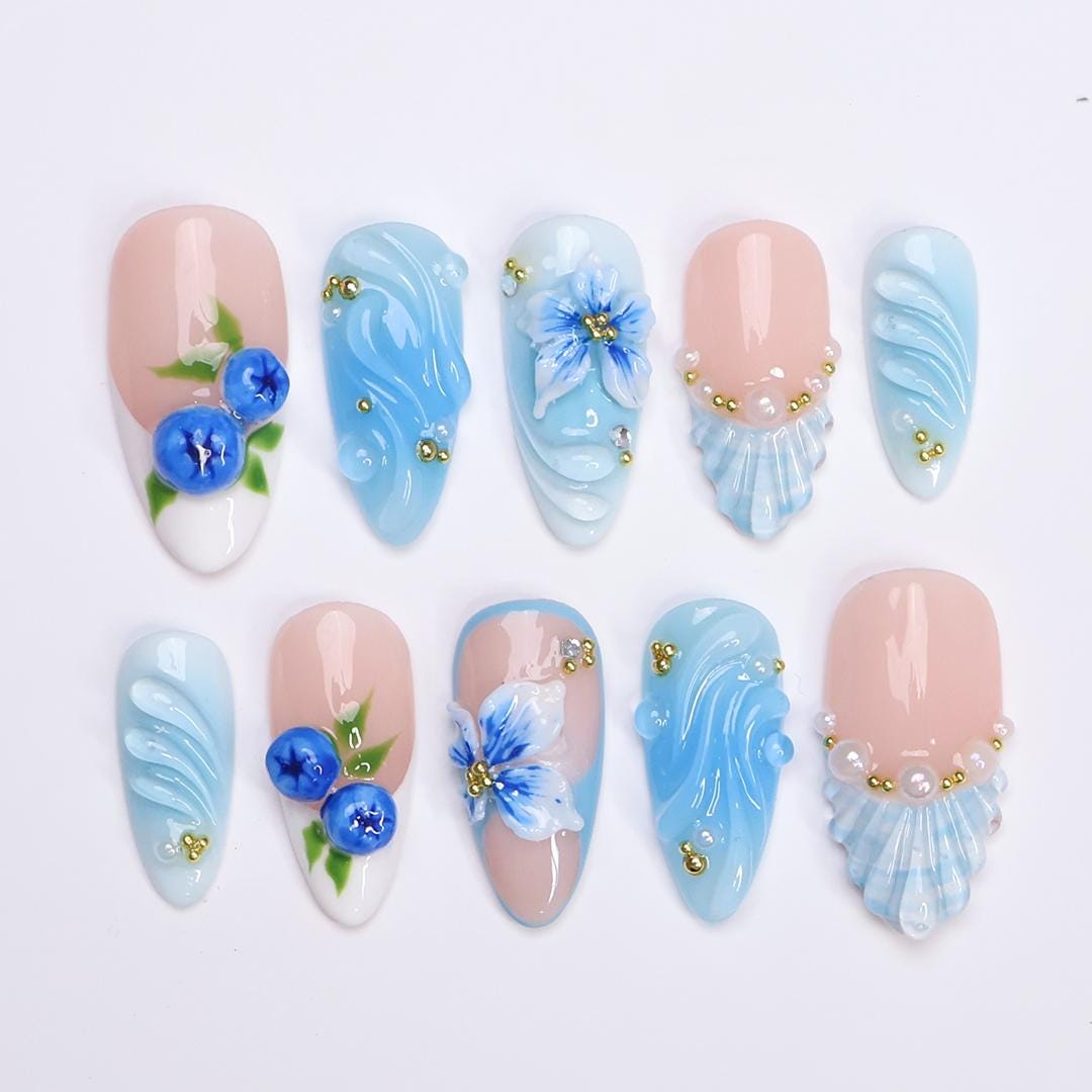 Summer Beach Holiday Blueberry and Ocean Wave Press-On Nails With Flowers and Pearl-Like Details
