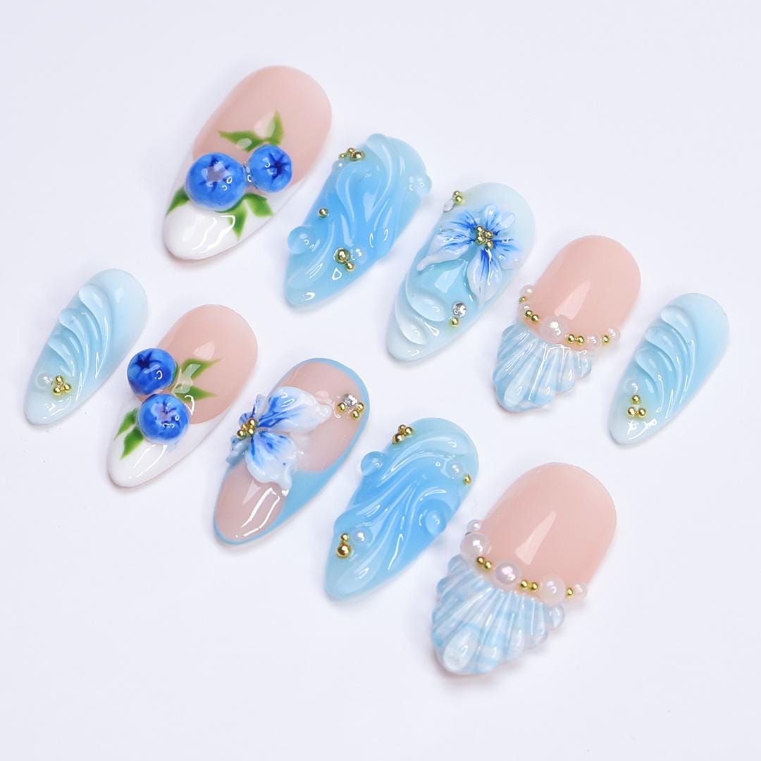 Summer Beach Holiday Blueberry and Ocean Wave Press-On Nails With Flowers and Pearl-Like Details