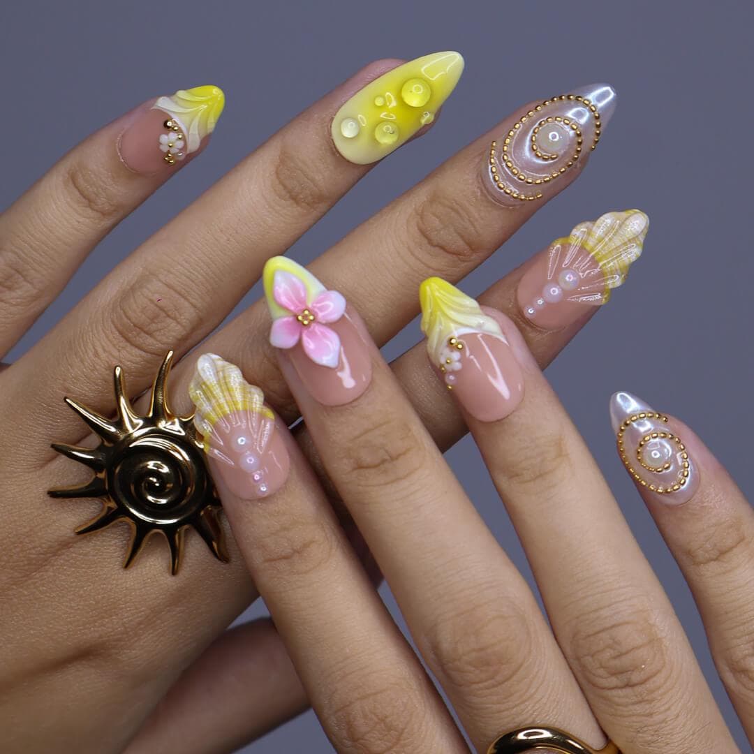 Summer Blush Pink and Yellow Seashell Flower Nails with Gold and Pearl Details
