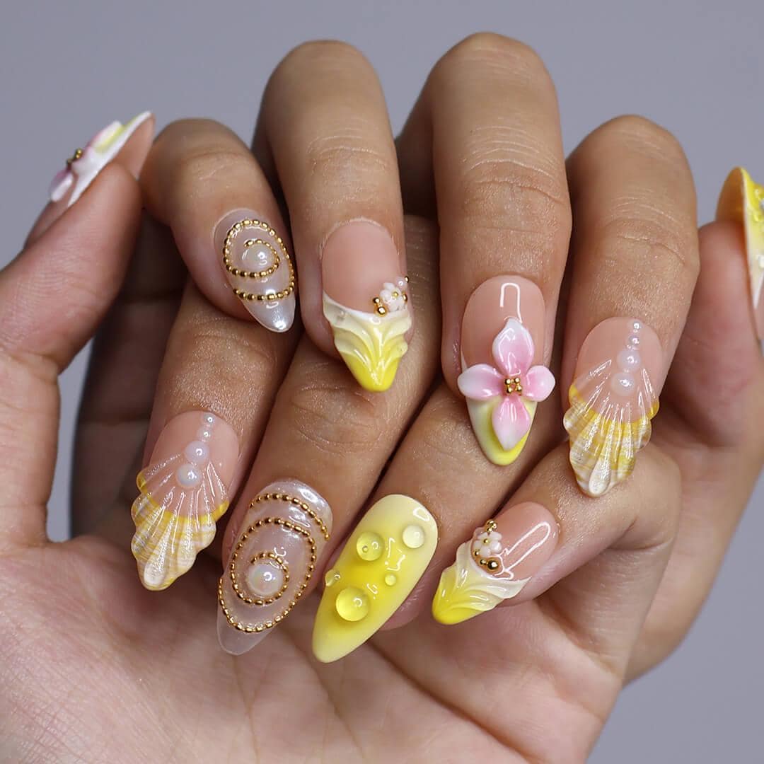 Summer Blush Pink and Yellow Seashell Flower Nails with Gold and Pearl Details