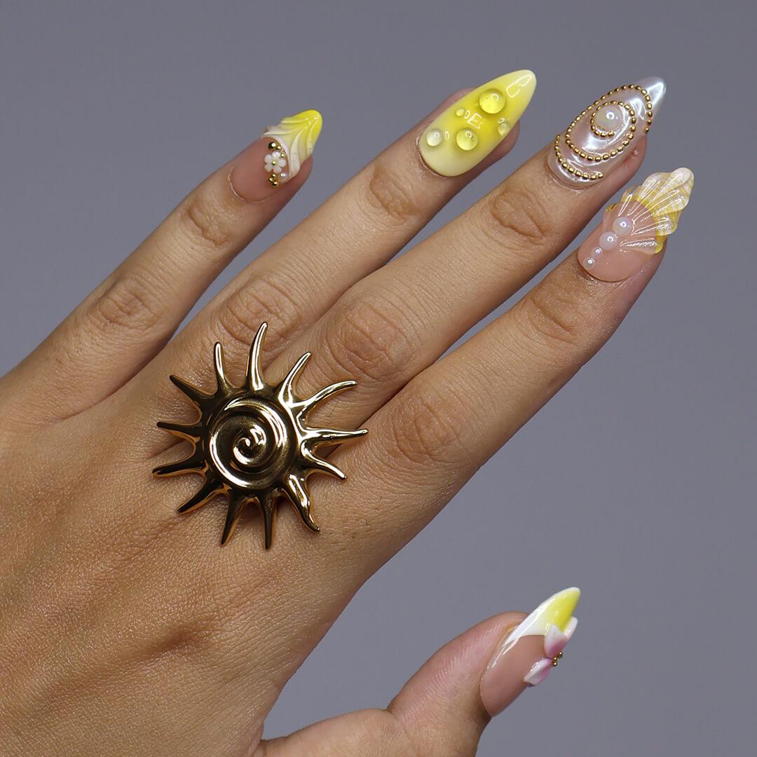 Summer Blush Pink and Yellow Seashell Flower Nails with Gold and Pearl Details