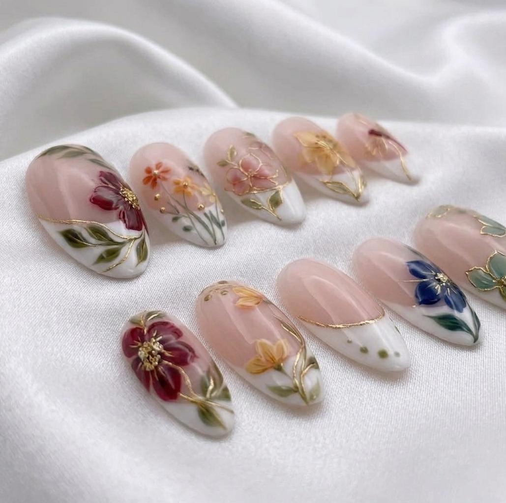 Summer Blush Pink Floral French Tip Press On Nails with Gold Outlines