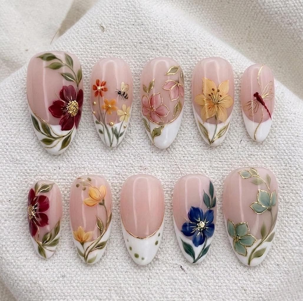 Summer Blush Pink Floral French Tip Press On Nails with Gold Outlines