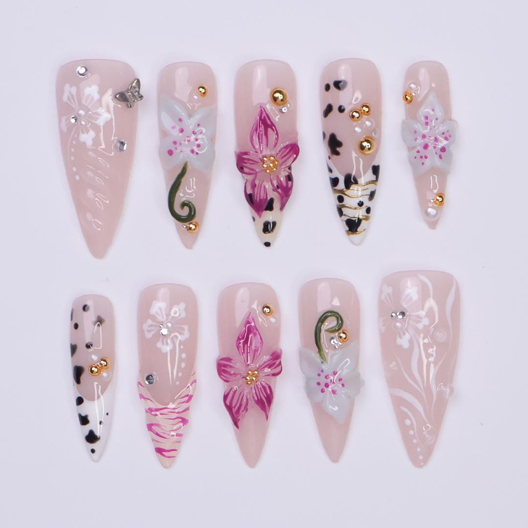 Summer Blush Pink Orchid and Leopard Print Press-On Nail Set with Rhinestones and Butterfly Charm
