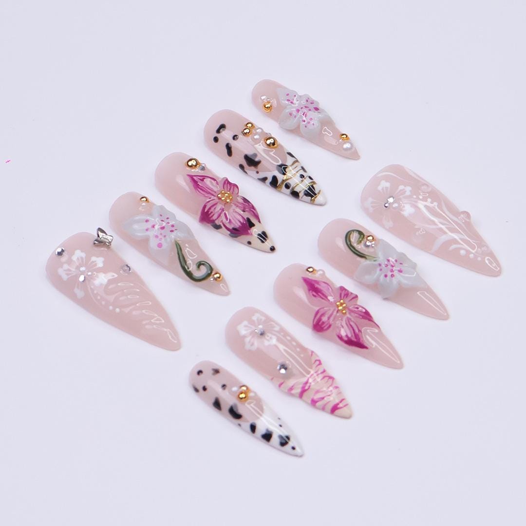 Summer Blush Pink Orchid and Leopard Print Press-On Nail Set with Rhinestones and Butterfly Charm