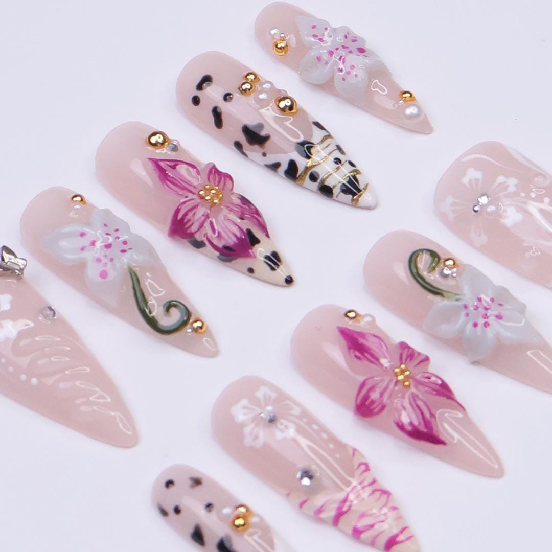 Summer Blush Pink Orchid and Leopard Print Press-On Nail Set with Rhinestones and Butterfly Charm