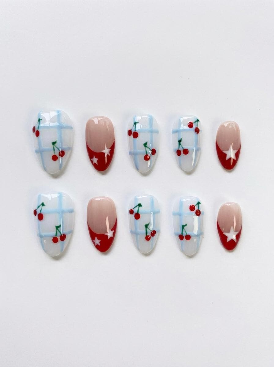 Summer Cherry Checkered French Tip Press On Nails With Star Details