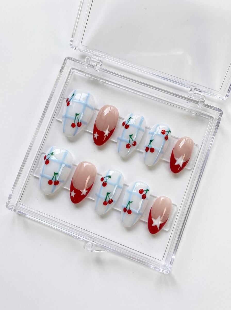 Summer Cherry Checkered French Tip Press On Nails With Star Details