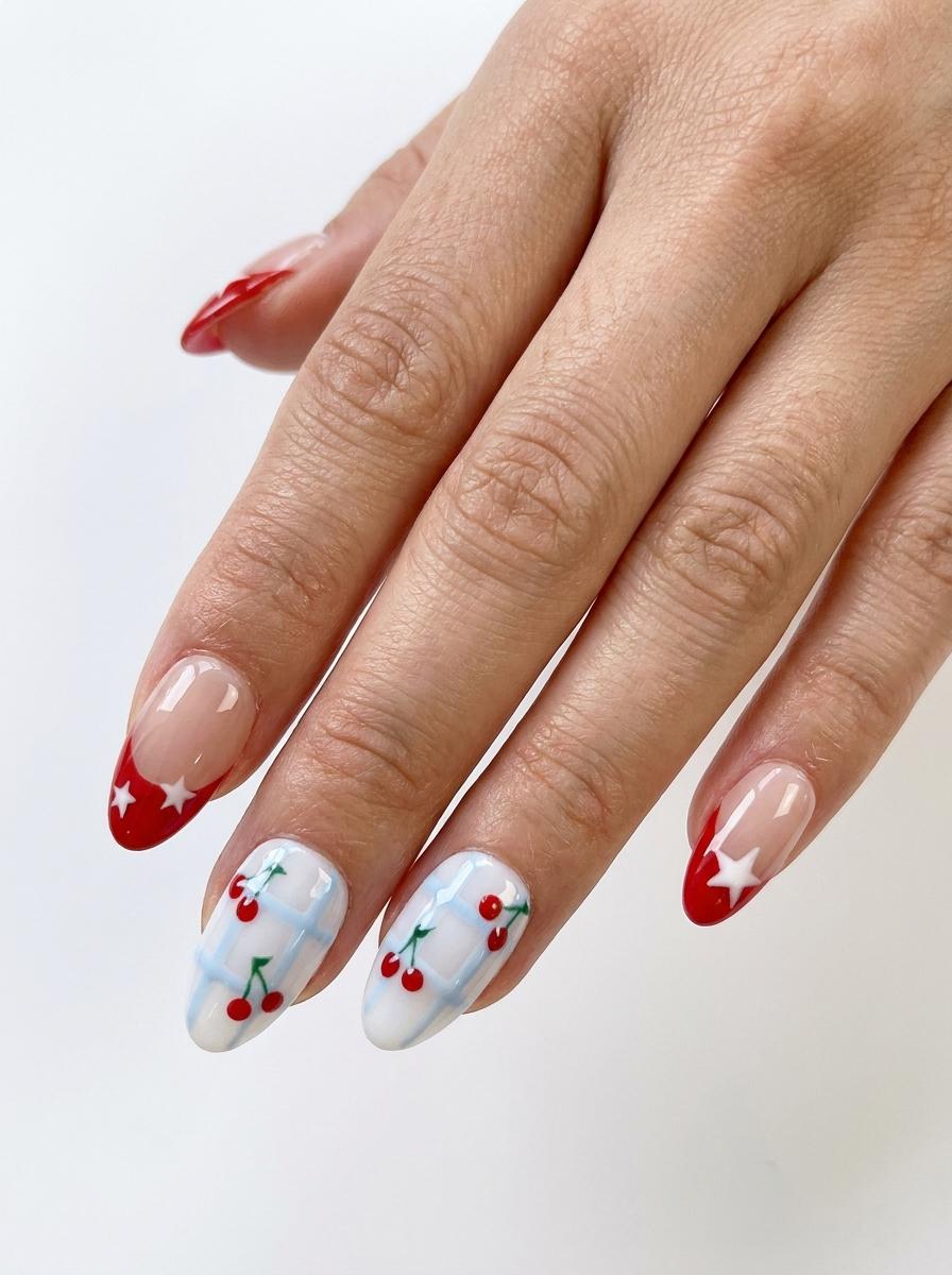 Summer Cherry Checkered French Tip Press On Nails With Star Details