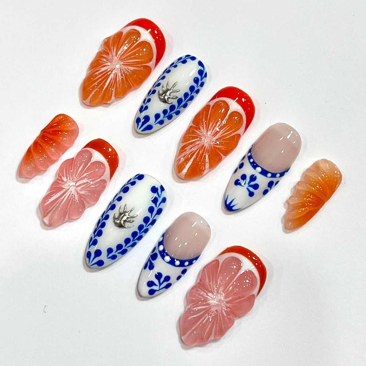 Summer Citrus Slice and Cobalt Blue Floral Press On Nails