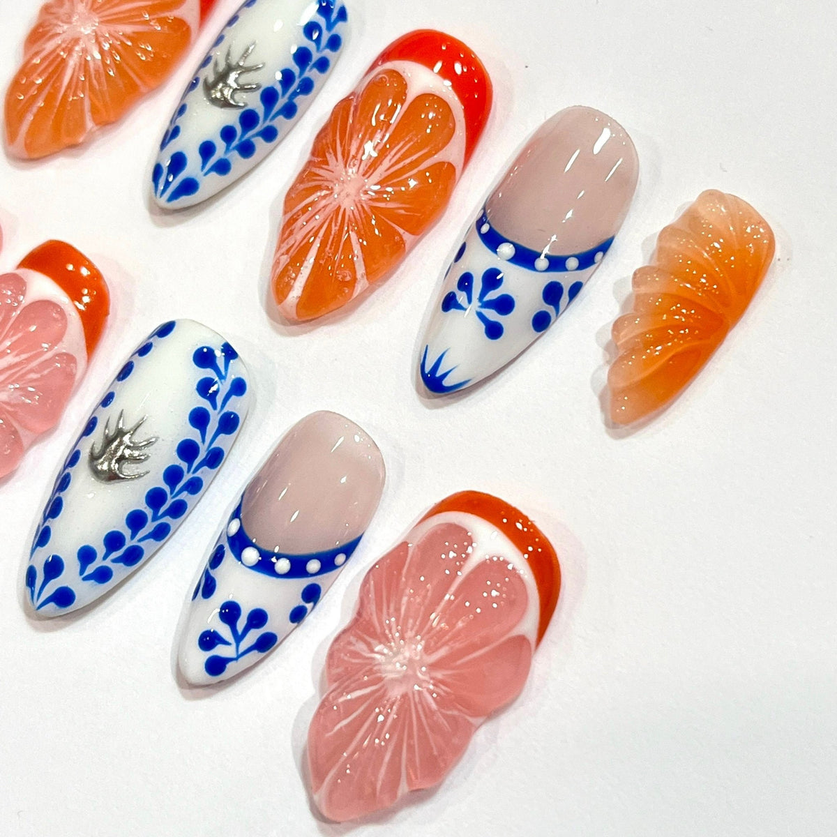 Summer Citrus Slice and Cobalt Blue Floral Press On Nails