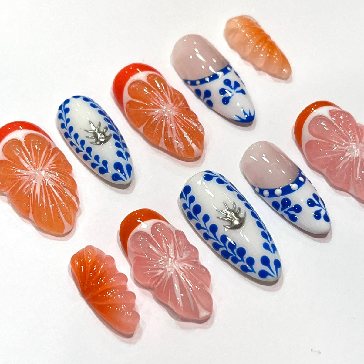 Summer Citrus Slice and Cobalt Blue Floral Press On Nails