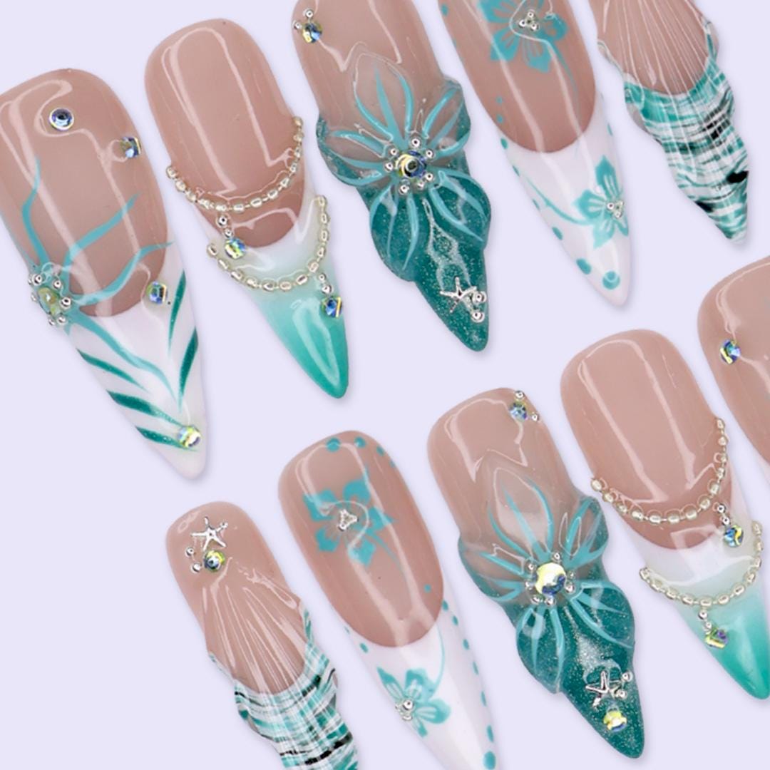 Summer Coastal Teal Floral Press On Nails with Pearl Chains, Rhinestones, and Plaid Tips
