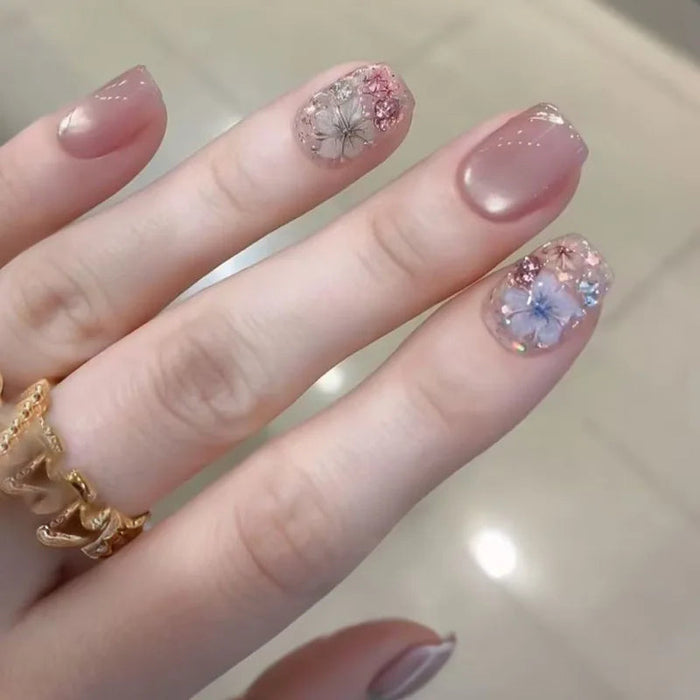 Summer Dusty Mauve Floral Press On Nails with Pearly Finish