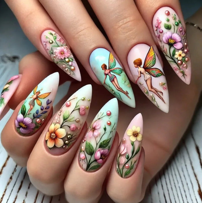 Summer Fairy Floral Press On Nails with Pearl Beads and Rhinestones