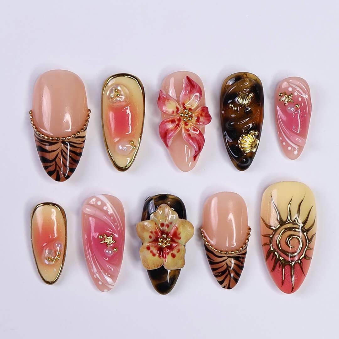 Summer Floral Press On Nails with Raised Flowers, Gold Details, and Sun Art