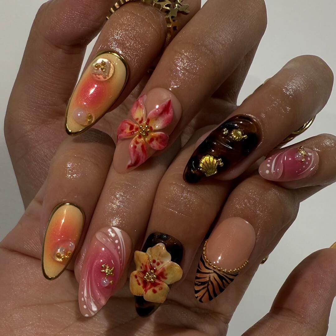 Summer Floral Press On Nails with Raised Flowers, Gold Details, and Sun Art