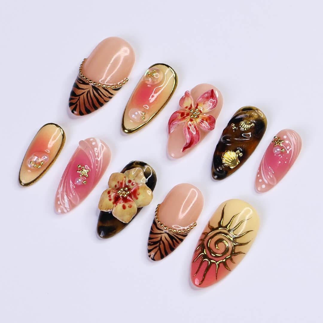 Summer Floral Press On Nails with Raised Flowers, Gold Details, and Sun Art