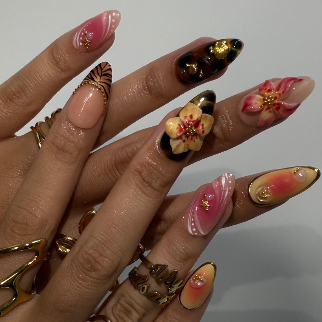 Summer Floral Press On Nails with Raised Flowers, Gold Details, and Sun Art