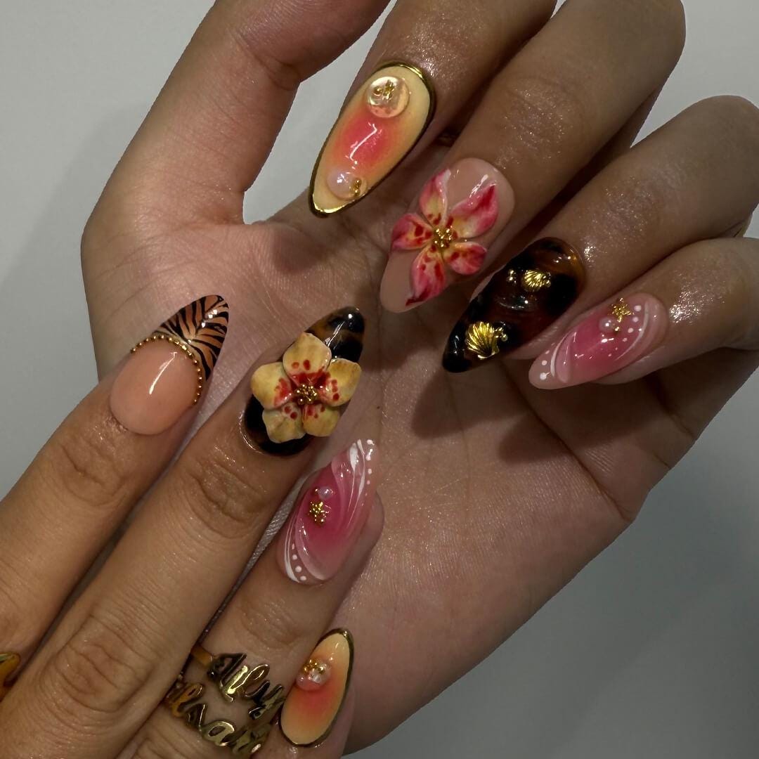 Summer Floral Press On Nails with Raised Flowers, Gold Details, and Sun Art