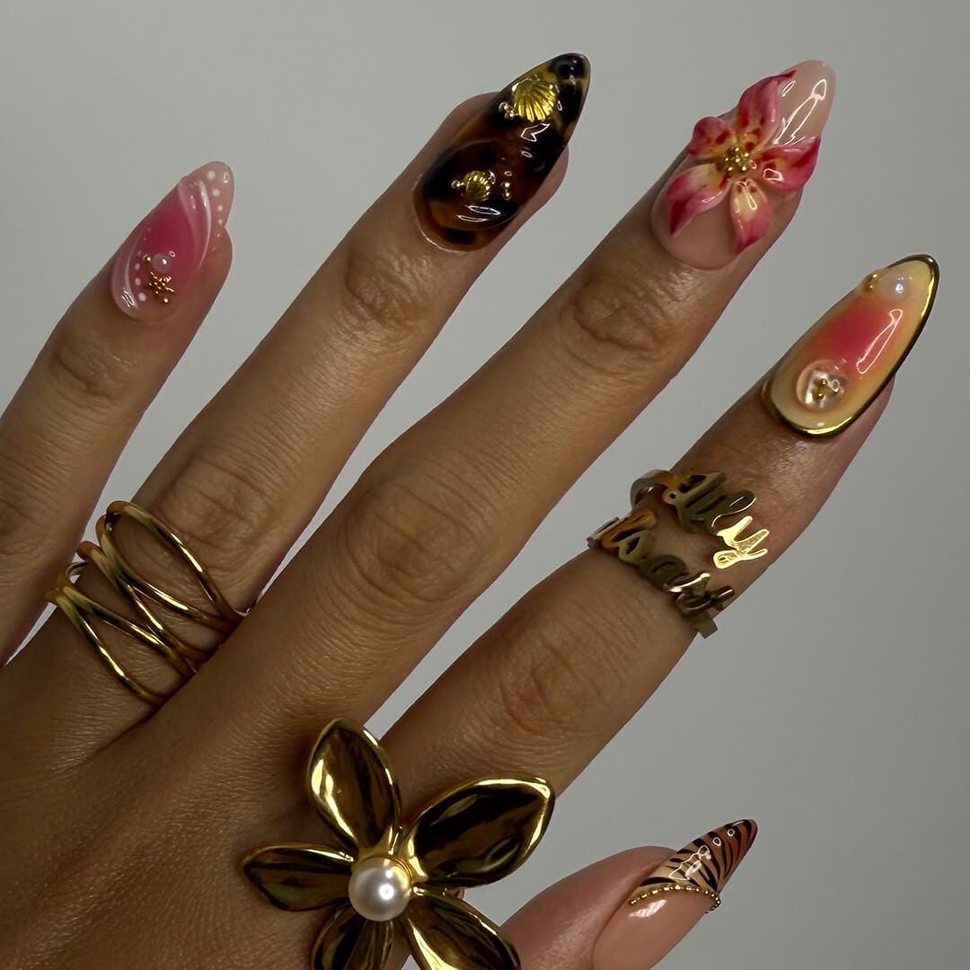 Summer Floral Press On Nails with Raised Flowers, Gold Details, and Sun Art
