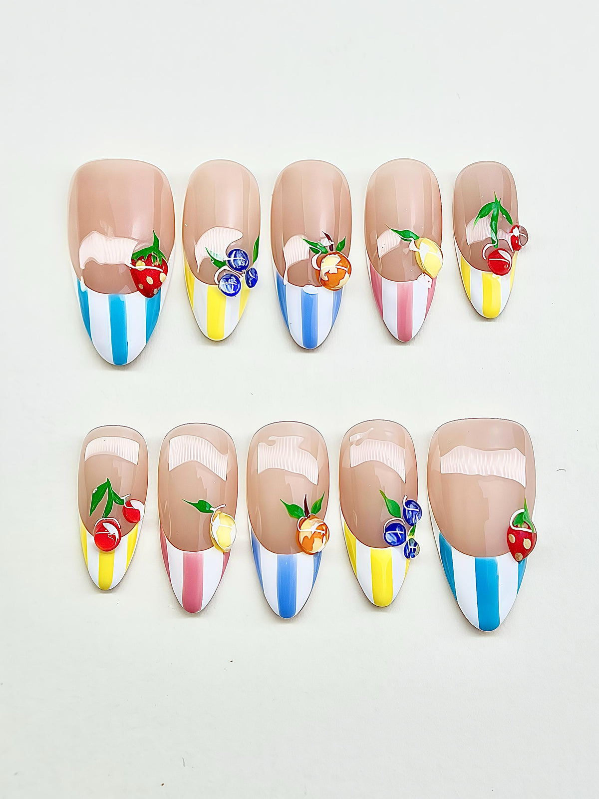 Summer Fruit French Tip Press On Nails With Bright Stripes