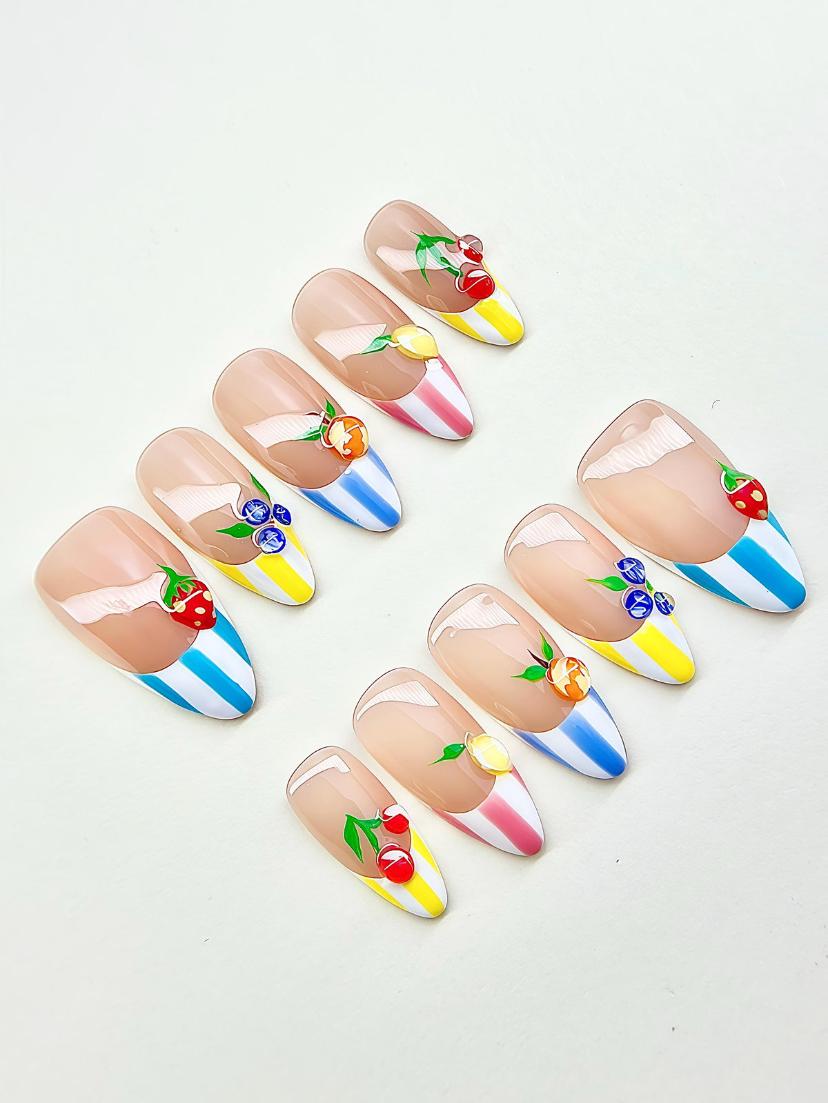 Summer Fruit French Tip Press On Nails With Bright Stripes
