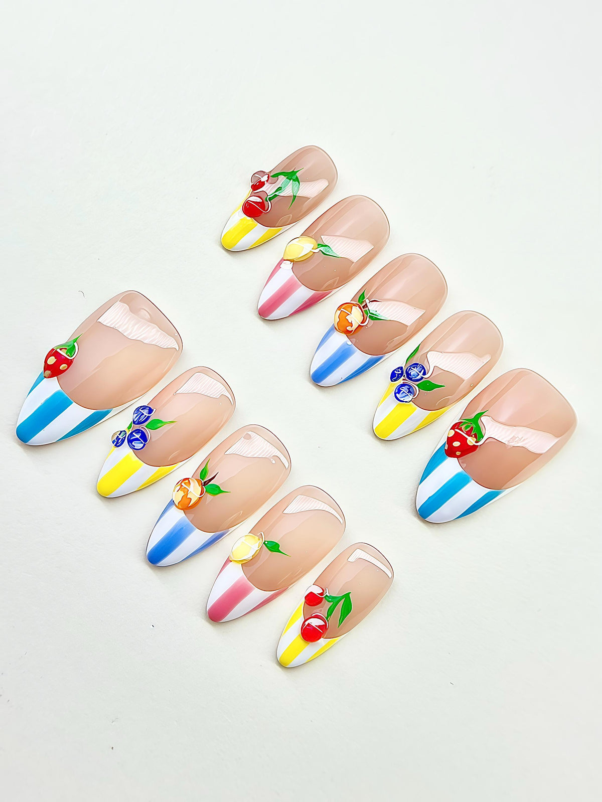 Summer Fruit French Tip Press On Nails With Bright Stripes