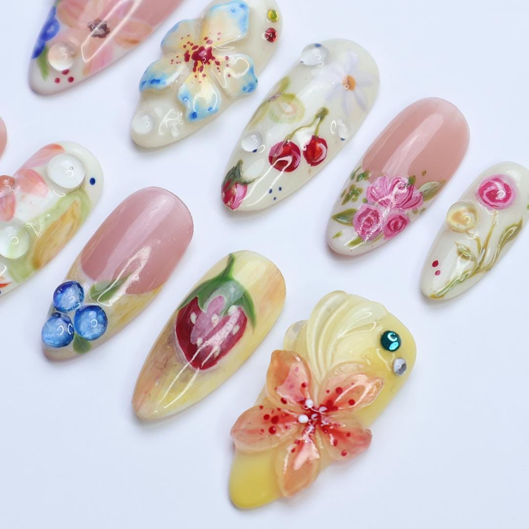Summer Garden Floral Press-On Nail Set With Fruit-Inspired Details