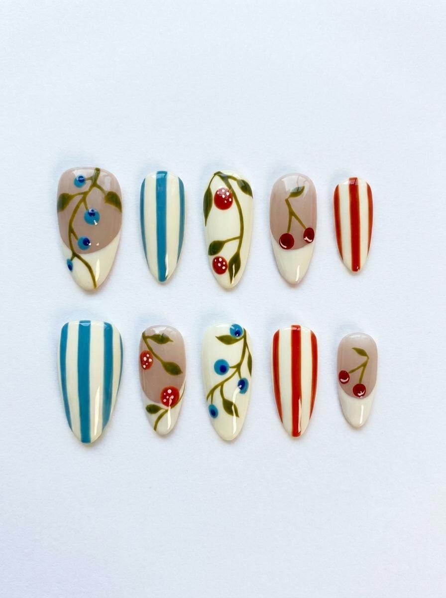 Summer Garden Fruit Press On Nails with Blue Berries, Cherries and Stripes
