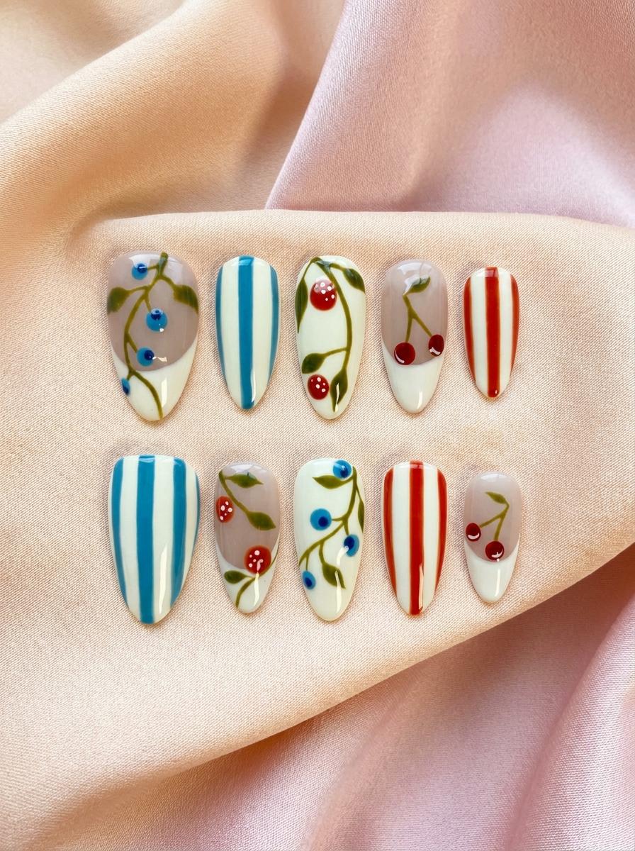 Summer Garden Fruit Press On Nails with Blue Berries, Cherries and Stripes